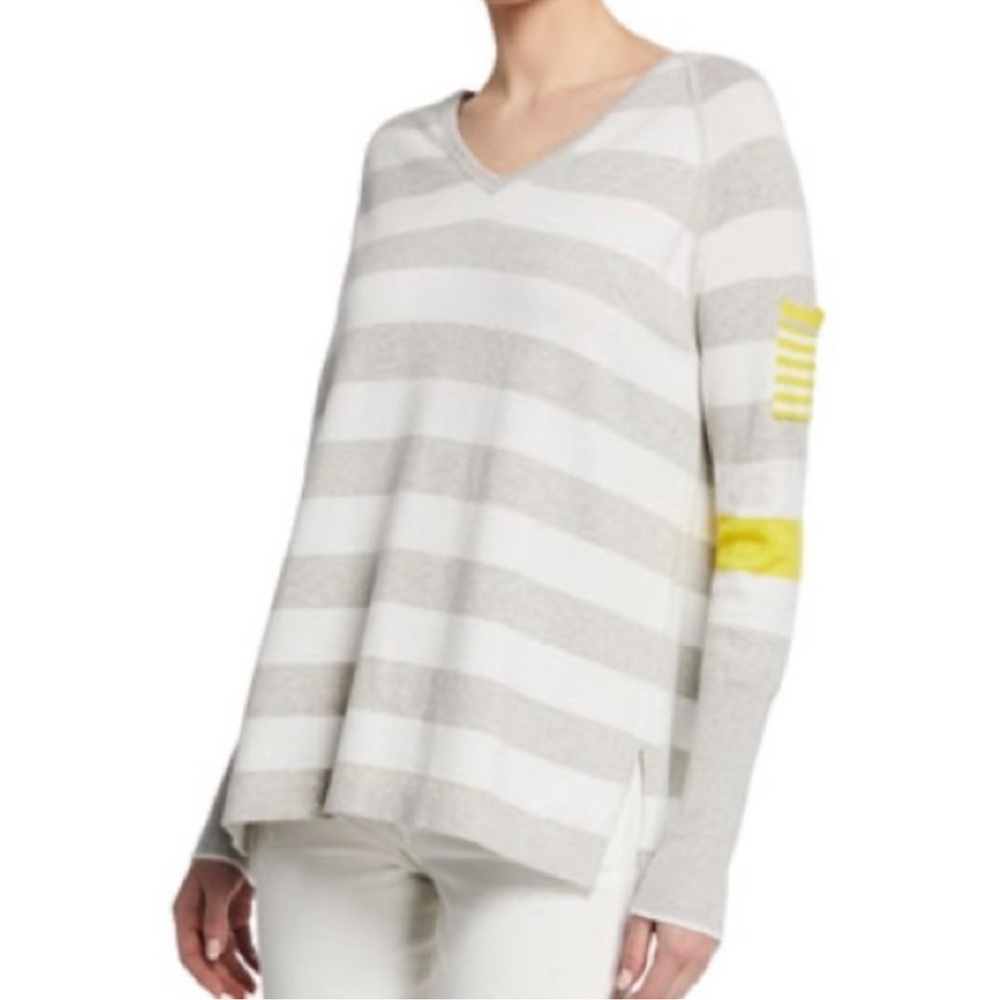 LISA TODD Beach Stripe V-Neck Cotton Sweater Raglan Sleeve arm pocket